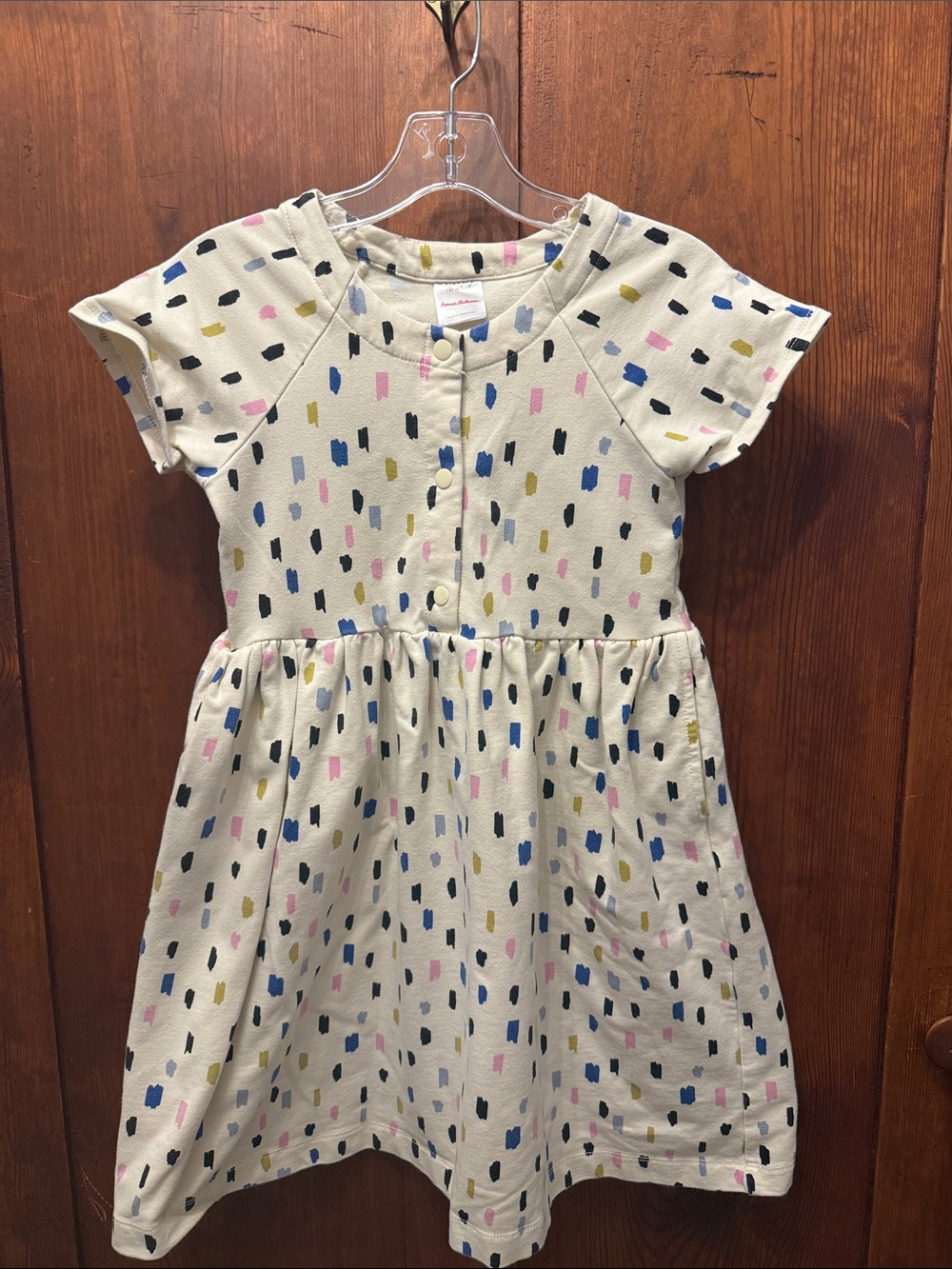 Hanna Andersson Cream Dress with Blue, Pink, Yellow & Black Dash Print